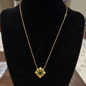Gold-tone Necklace with Green Center Stone Pendant